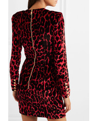 Balmain Button Embellished Leopard Print Velvet Mini Dress