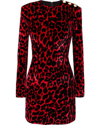 Balmain Button Embellished Leopard Print Velvet Mini Dress