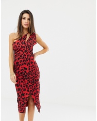 Lavish Alice One Shoulder Midi Wrap Dress In Leopard Print