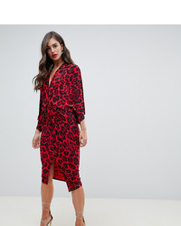 Flounce London Tall Kimono Wrap Front Midi Dess In Red Animal Leopard