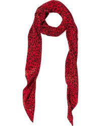 Saint Laurent Leopard Print Silk Crepe De Chine Scarf Red