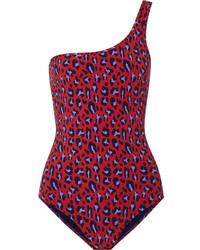 Stella McCartney Animal One Shoulder Leopard Print Swimsuit Claret
