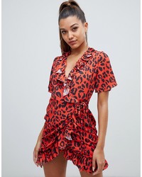 PrettyLittleThing Frill Wrap Mini Dress In Red Leopard