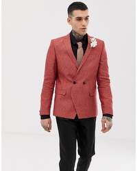 Red Linen Double Breasted Blazer