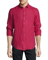 Armani Collezioni Long Sleeve Linen Sport Shirt Berry Red