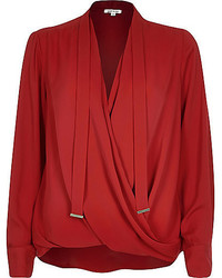 River Island Red Long Sleeve Pussybow Wrap Blouse