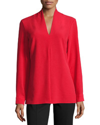 Neiman Marcus V Neck Long Sleeve Crepe Blouse Red
