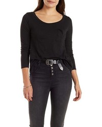 Charlotte Russe Marled High Low Long Sleeve Tee With Pocket