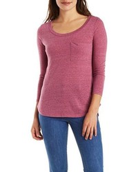 Charlotte Russe Marled High Low Long Sleeve Tee With Pocket