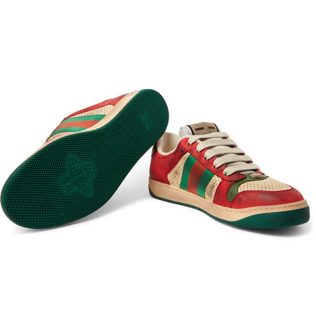 Gucci Virtus Distressed Leather And Webbing Sneakers, $825 | MR 