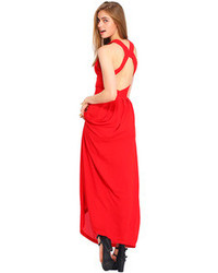 Romwe Backless Crossed Straps Layered Red Maxi Dress