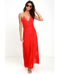 Lush Crush And Croon Coral Red Embroidered Maxi Dress