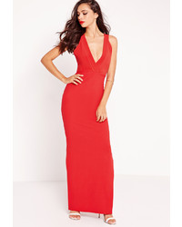 Missguided Plunge Cross Back Maxi Dress Red
