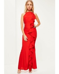 Missguided Red Frill 90s Neck Maxi Dress