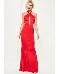 Missguided Red Plunge Halterneck Fishtail Maxi Dress