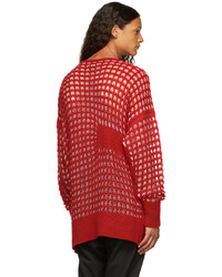 Sulvam Red White Mesh Over Knit Crewneck Sweater