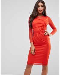 Asos Mesh Midi Bodycon Dress With Ruched Details