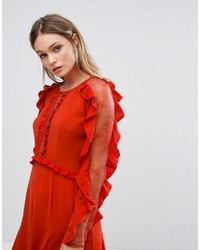 Three floor Long Sleeved Midi Dress With Frill Detail