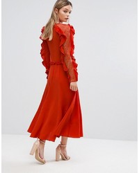 Three floor Long Sleeved Midi Dress With Frill Detail