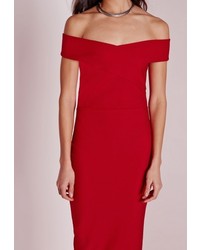 Missguided Crepe Bardot Midi Dress Red