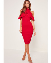 Missguided High Neck Frill Cold Shoulder Midi Dress Red