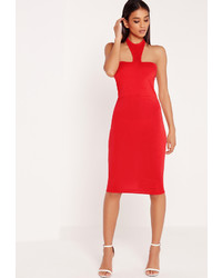 Missguided Jersey Halter Neck Bodycon Midi Dress Red