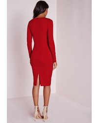 Missguided Ponte Long Sleeve Plunge Midi Dress Red