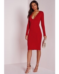 Missguided Ponte Long Sleeve Plunge Midi Dress Red