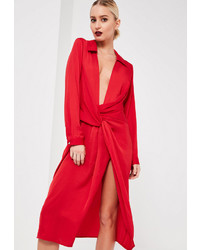 Missguided Red Silky Wrap Over Midi Dress