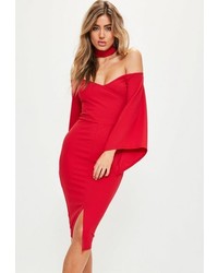 Missguided Red Crepe Choker Batwing Midi Dress