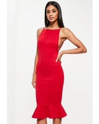 Missguided Red Scuba Square Neck Frill Hem Midi Dress