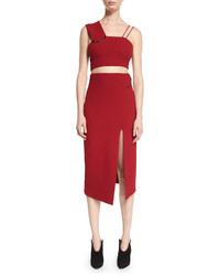 David Koma Slit Wool Crepe Midi Skirt Red