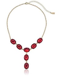 1928 Jewelry Gold Tone Siam Red Oval Faceted Adjustable Y Shaped Necklace 16