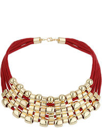 Topshop Freedom At 100% Metal Red Fabric Multi Row Collar With Gold Look Round Beads On Each Row Length 6 Inches With 3 Inch Extension Chain