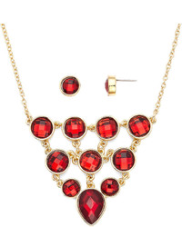 Liz Claiborne Red Crystal Bib Necklace And Stud Earring Set