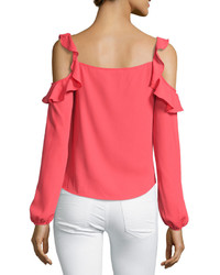 Romeo & Juliet Couture Cold Shoulder Ruffled Blouse Coral Red