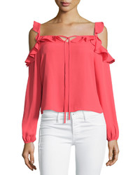Romeo & Juliet Couture Cold Shoulder Ruffled Blouse Coral Red