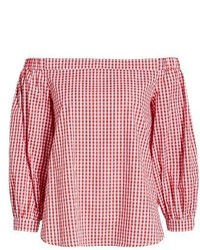 Soprano Gingham Off The Shoulder Bubble Sleeve Top
