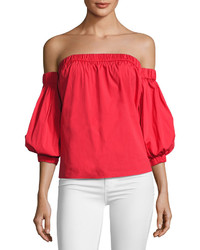 Milly Off The Shoulder Cotton Poplin Blouse Red