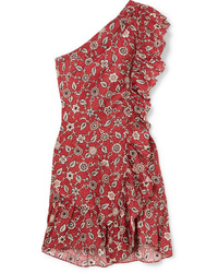 Isabel Marant Etoile Teller One Shoulder Ruffled Printed Linen Mini Dress