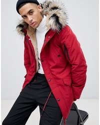 Sixth June Parka Coat In Red With Black Faux Fur Hood