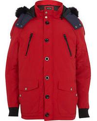 River Island Red Faux Fur Trim Alpine Parka Jacket