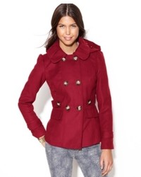 PINK ENVELOPE Juniors Double Breasted Hooded Pea Coat