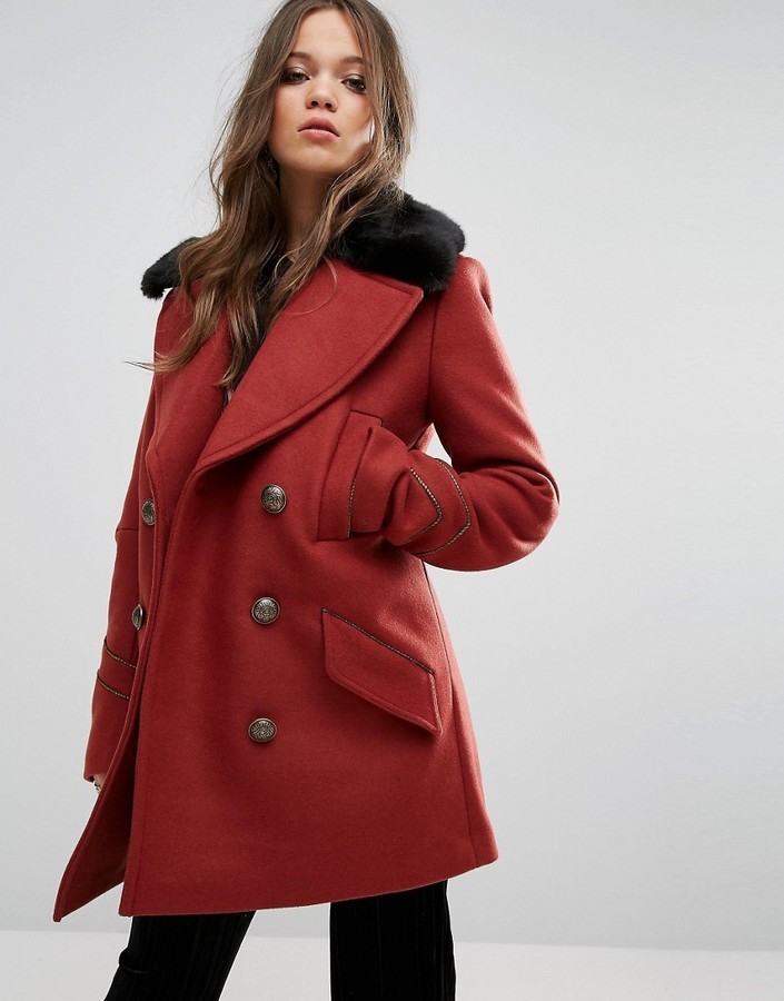 Fur collar pea coat womens best sale