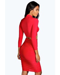 Boohoo Leah Red Slinky Ruched Side Midi Skirt