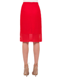 Akris Punto Circle Embroidered Pencil Skirt Sport Red
