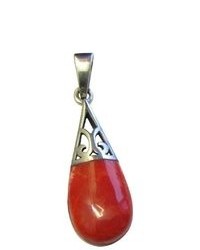 FashionJewelryForEveryone Bright Coral Red Inlay Sterling Silver Pendant Silver Teardrop Pendant