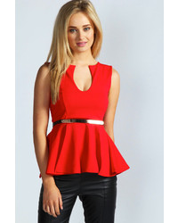 Boohoo Claire Notch Neck Belted Peplum Top