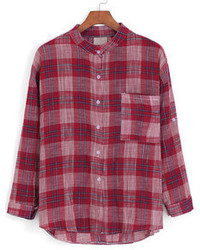 Stand Collar Plaid Pocket Red Blouse