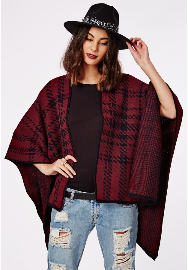 Missguided Xin Check Blanket Cape Burgundy, $40 | Missguided | Lookastic